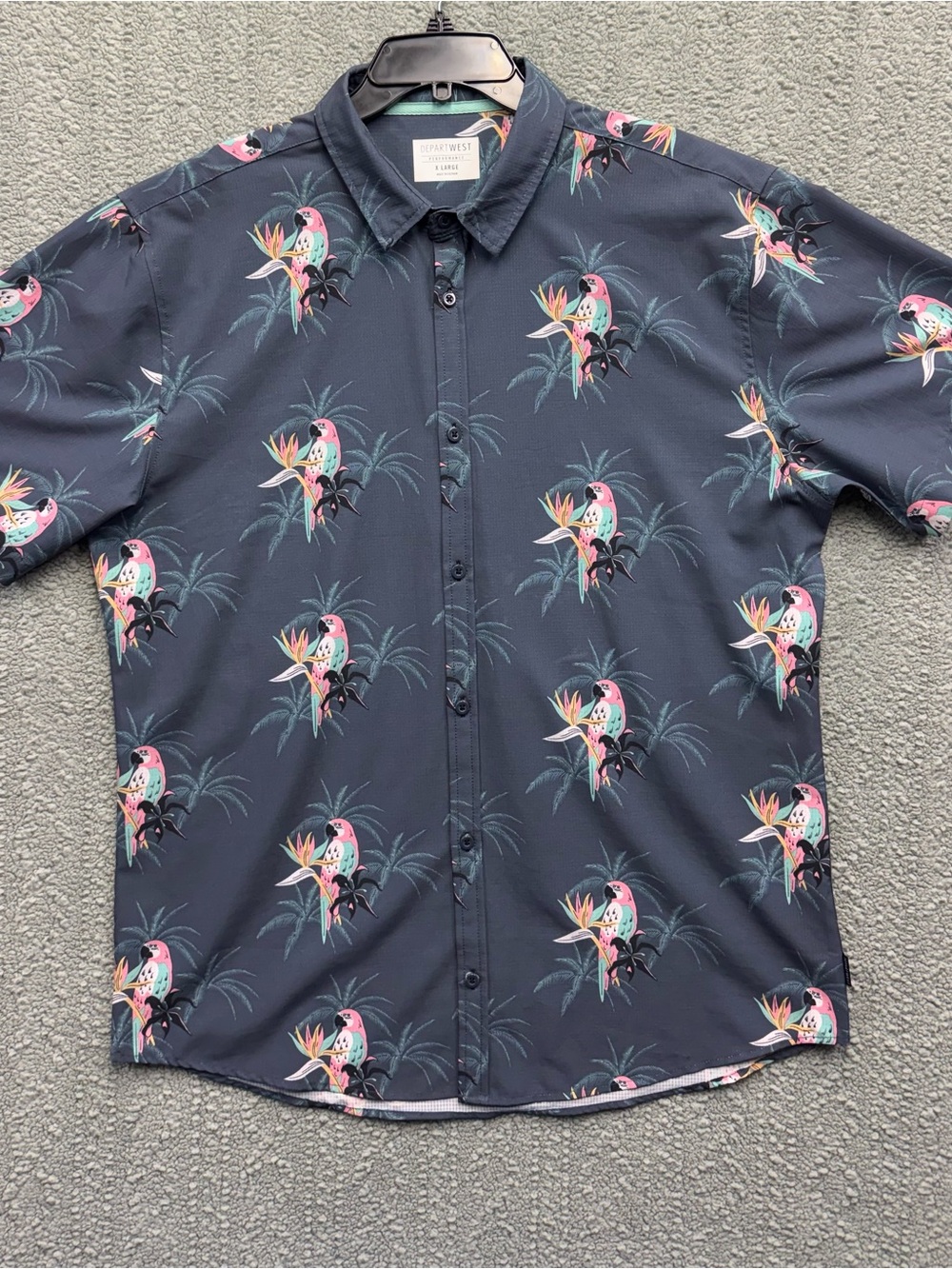 Coral Parrot Print Short-Sleeve Button-Down Shirt - Navy